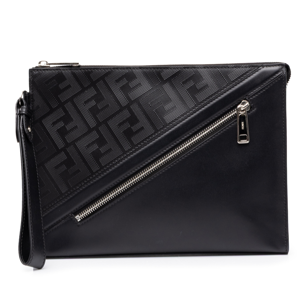Pre-Loved Fendi Zucca Shadow Calfskin Diagonal Front Zip Clutch
